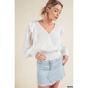 Kori Vanessa Burnout Jacquard Smocked Top - White