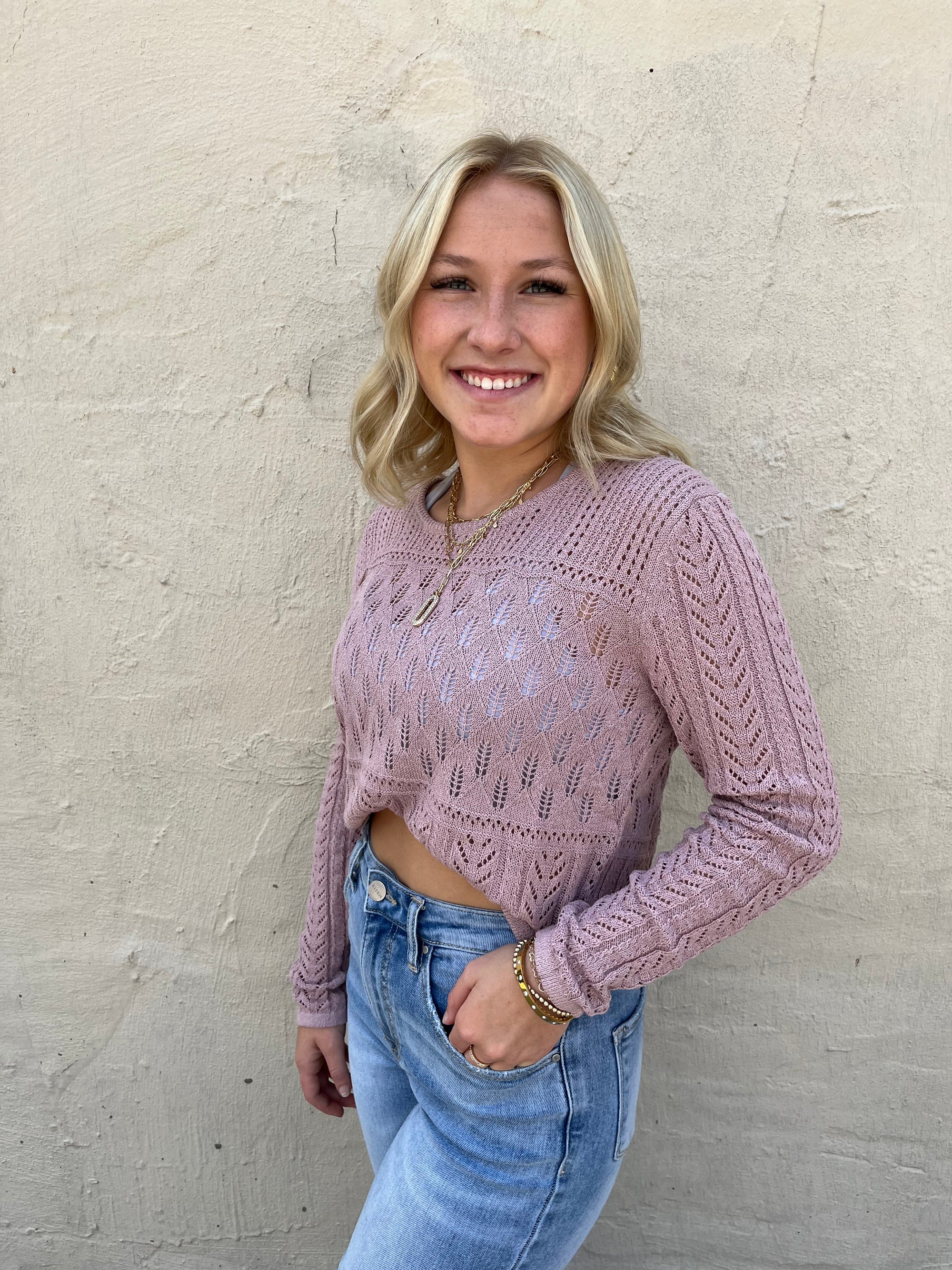 ALLIE ROSE Better with You Pointelle Pullover - Mauve