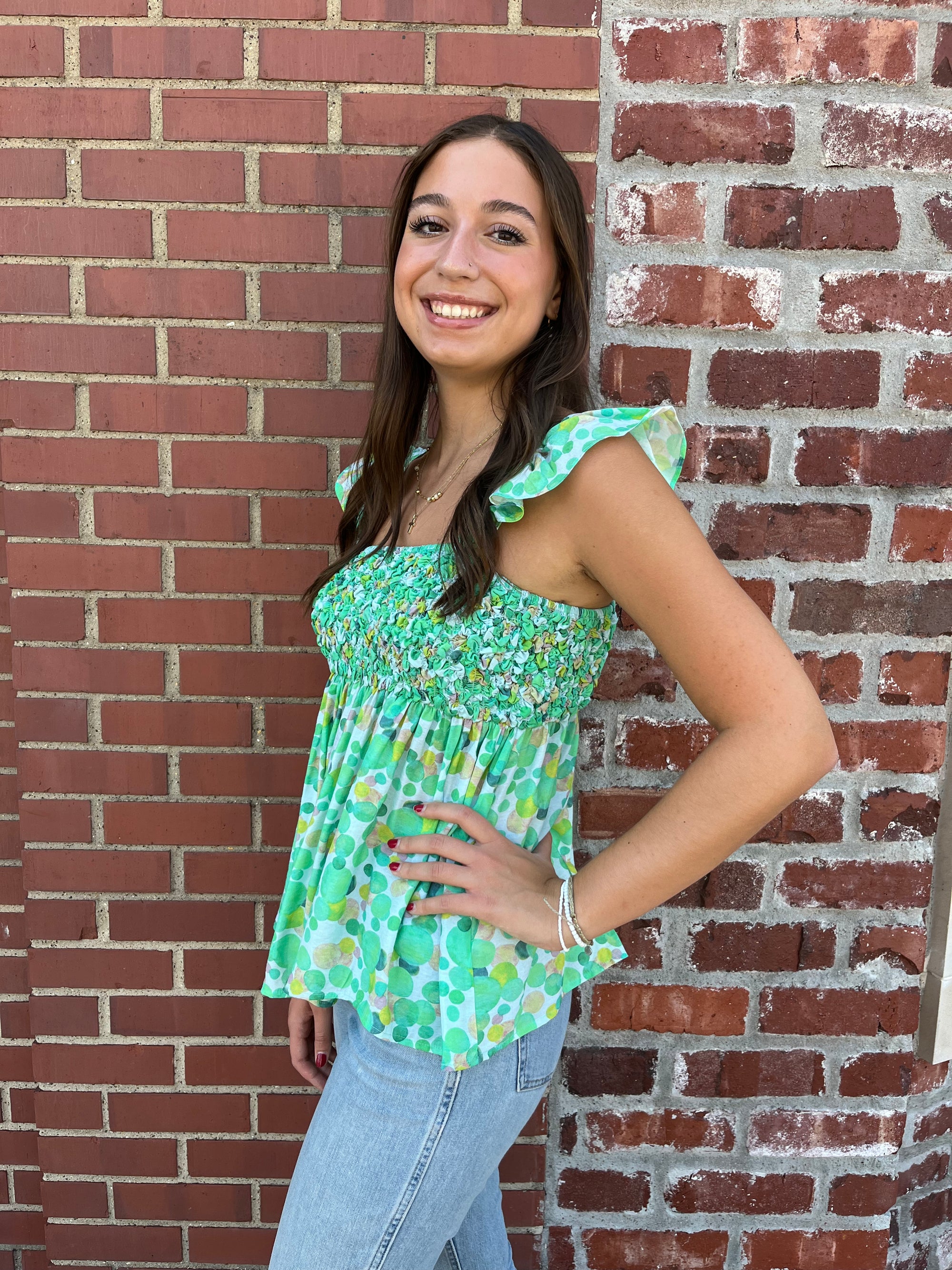 Kori On the Dot Ruffled Popcorn Detail Tank - Green