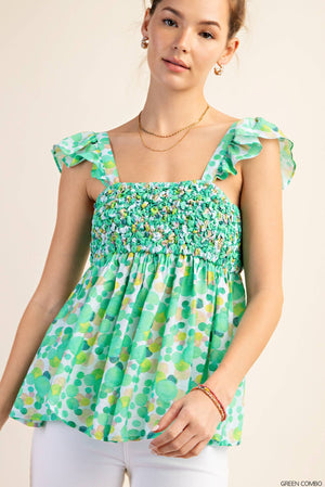 Kori On the Dot Ruffled Popcorn Detail Tank - Green