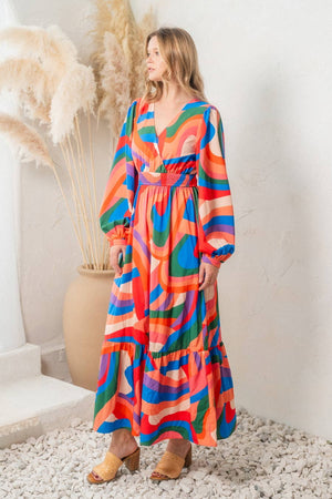 Oddi That Mod Girl Multi Color Geo Print Front Wrap Maxi Dress