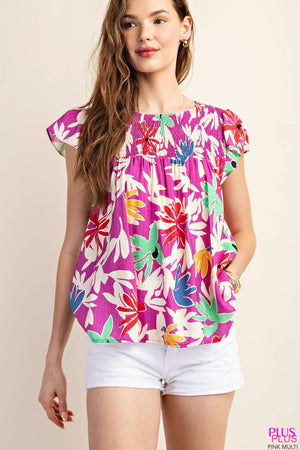 Kori Take Me to the Islands Smocked Ruffle Sleeve Top