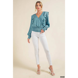 Kori Vanessa Burnout Jacquard Smocked Top - Sage