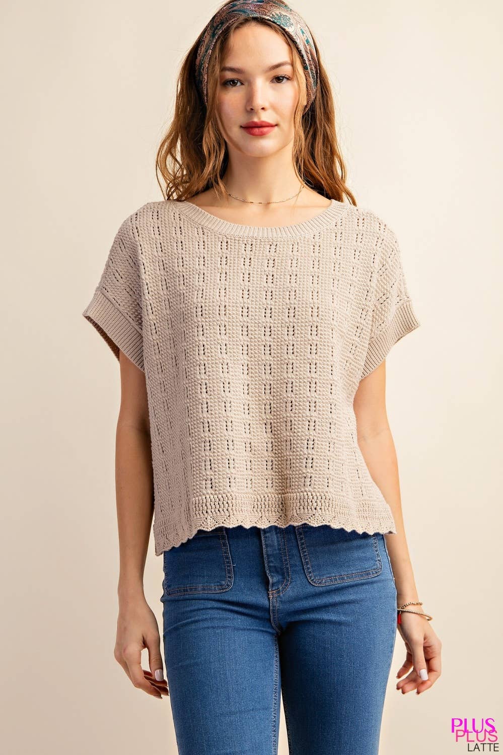 Kori Love Wins Pointelle Knit Sweater Top - Latte