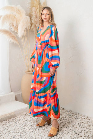 Oddi That Mod Girl Multi Color Geo Print Front Wrap Maxi Dress