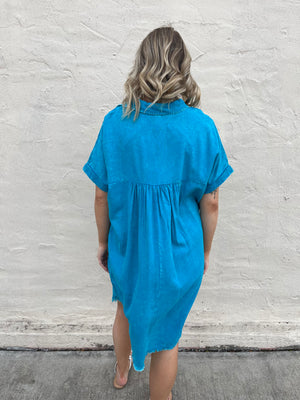 Zenana Caribbean Sea Blue Linen Blend Dress