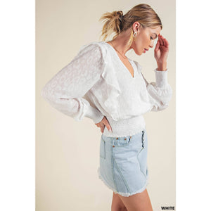 Kori Vanessa Burnout Jacquard Smocked Top - White