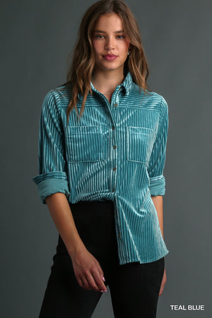 Umgee Wish You Were Here Button-Down Shirt - Teal Blue Velvet