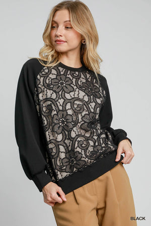 Umgee The Laziest Luxe Lace Sweatshirt - Black