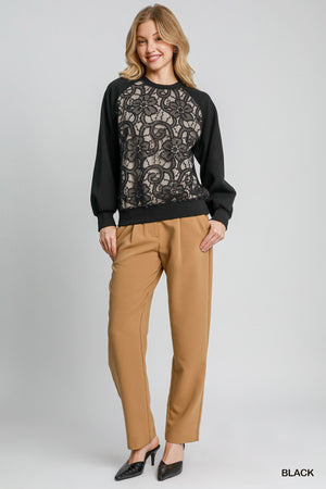 Umgee The Laziest Luxe Lace Sweatshirt - Black