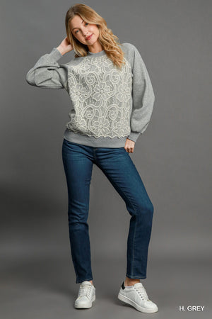 Umgee The Laziest Luxe Lace Sweatshirt - Grey