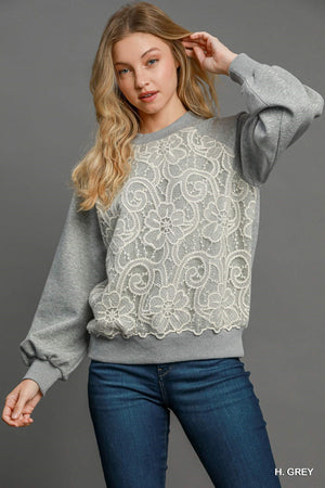 Umgee The Laziest Luxe Lace Sweatshirt - Grey