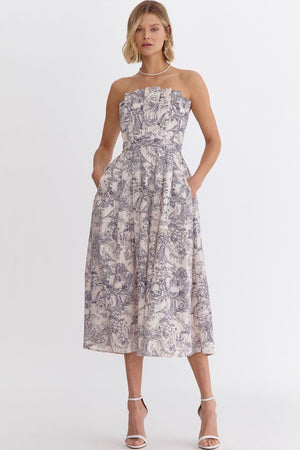 Entro Twirling til Dawn Toile Dress - Blue Grey