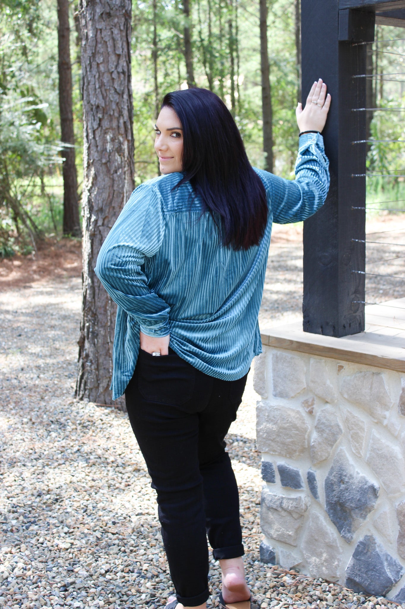 Umgee Wish You Were Here Button-Down Shirt - Teal Blue Velvet
