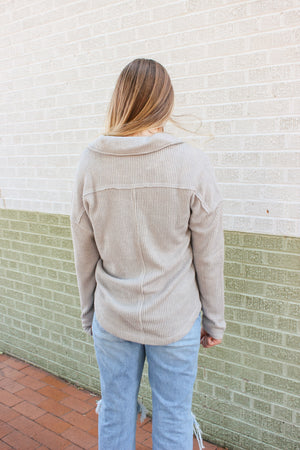 Very J Off She Goes Ribbed Henley Top - Light Grey