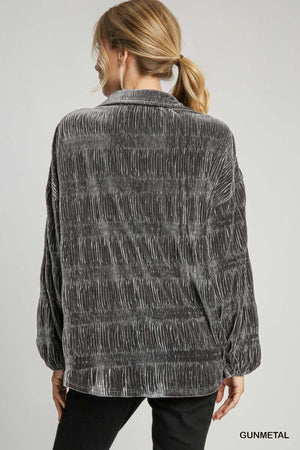 Umgee Find Your Fortune Velvet Button Down Top - Gunmetal