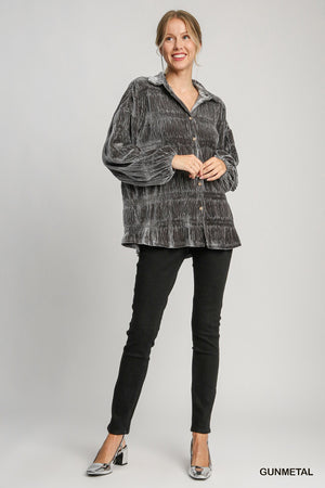 Umgee Find Your Fortune Velvet Button Down Top - Gunmetal