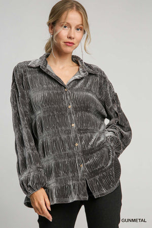 Umgee Find Your Fortune Velvet Button Down Top - Gunmetal