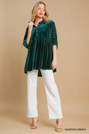 Umgee Make it Last Velvet Pearl Tunic Top - Hunter Green