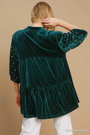 Umgee Make it Last Velvet Pearl Tunic Top - Hunter Green