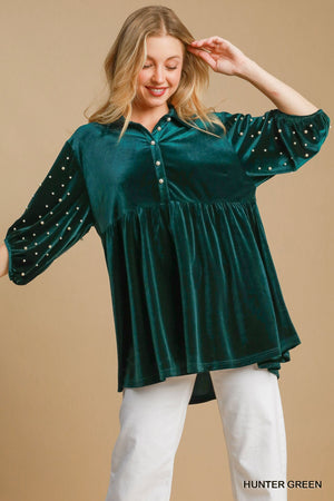 Umgee Make it Last Velvet Pearl Tunic Top - Hunter Green