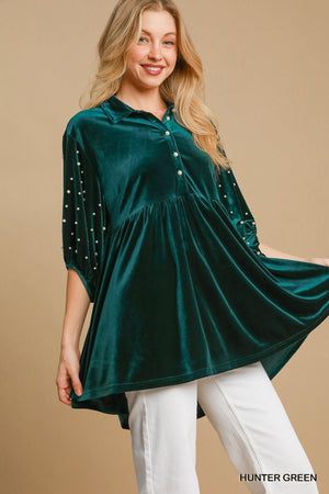 Umgee Make it Last Velvet Pearl Tunic Top - Hunter Green