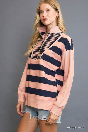 Umgee Up All Night Striped Half Zip Top