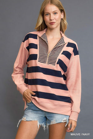 Umgee Up All Night Striped Half Zip Top