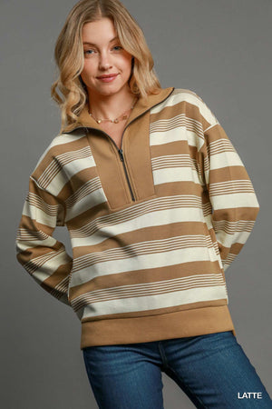 Umgee Make The Change Half Zip Top - Latte Stripe