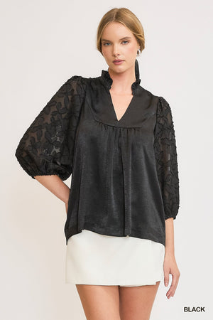 Umgee Primrose Contrast Sleeve Blouse - Black