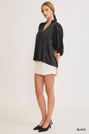 Umgee Primrose Contrast Sleeve Blouse - Black