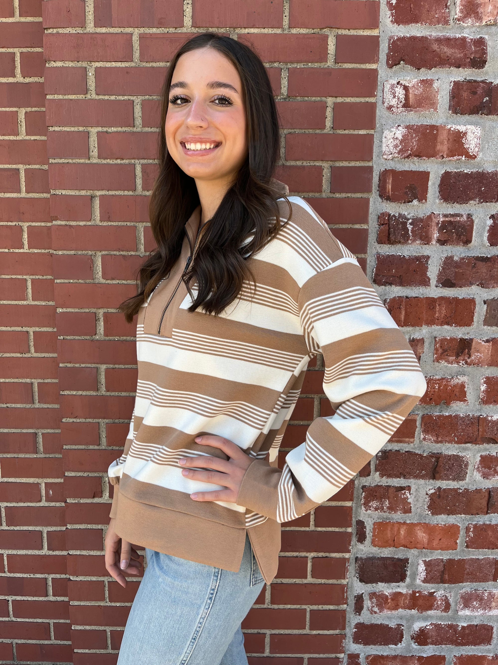 Umgee Make The Change Half Zip Top - Latte Stripe