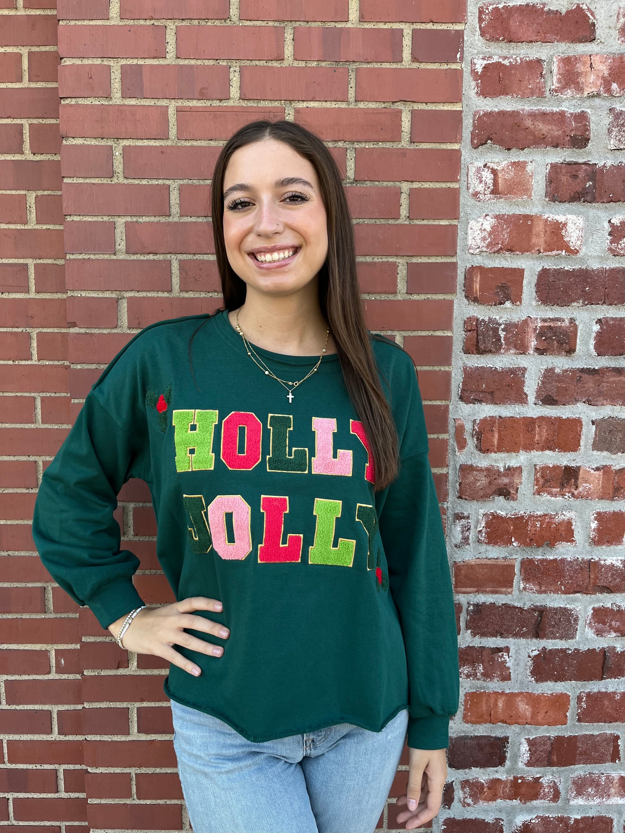 Umgee Holly Jolly Sweatshirt - Hunter Green