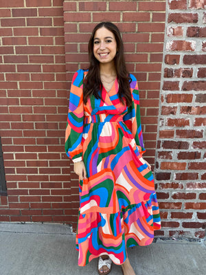 Oddi That Mod Girl Multi Color Geo Print Front Wrap Maxi Dress