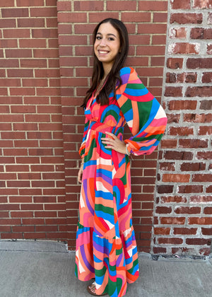 Oddi That Mod Girl Multi Color Geo Print Front Wrap Maxi Dress