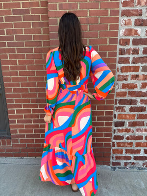 Oddi That Mod Girl Multi Color Geo Print Front Wrap Maxi Dress