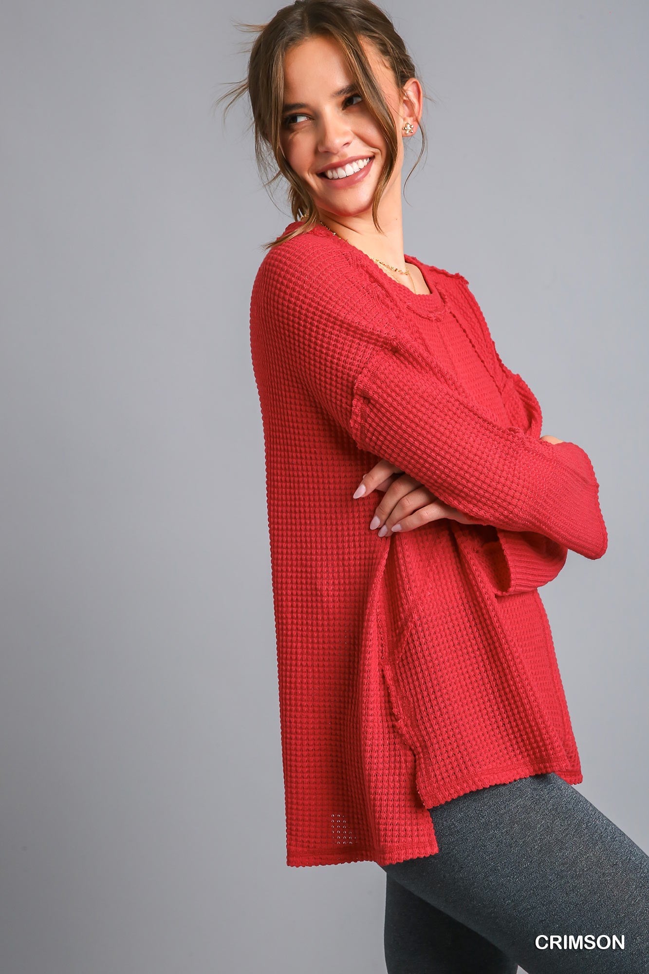 UMGEE Red Wave Waffle Knit Top - Crimson