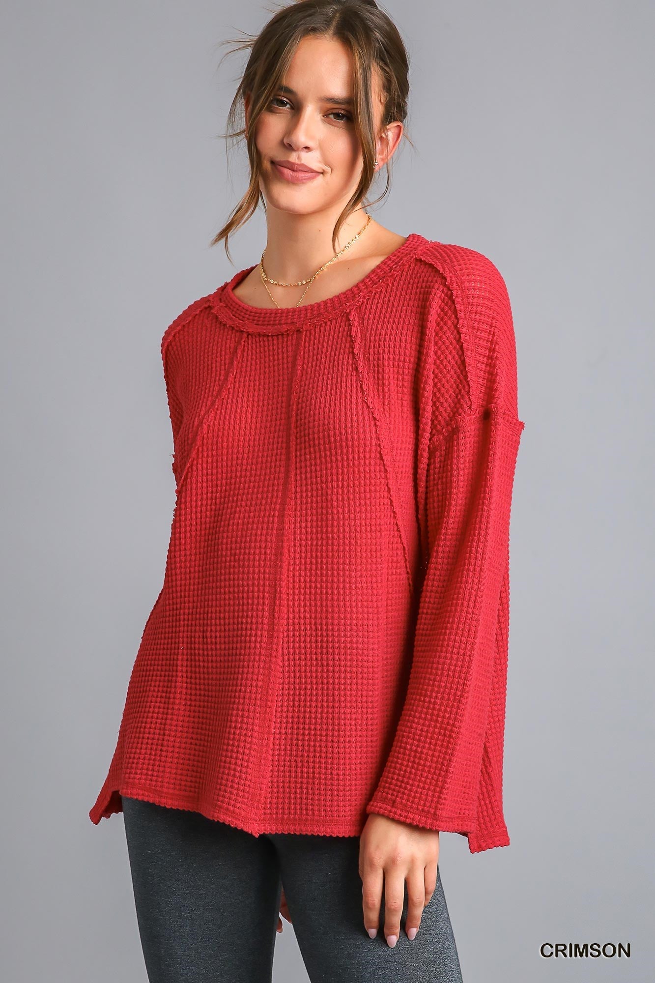 UMGEE Red Wave Waffle Knit Top - Crimson