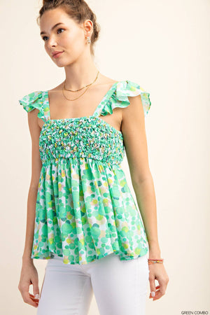 Kori On the Dot Ruffled Popcorn Detail Tank - Green