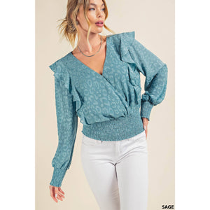 Kori Vanessa Burnout Jacquard Smocked Top - Sage