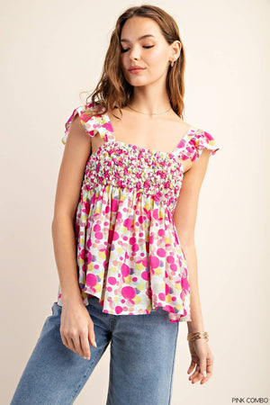 Kori On the Dot Ruffled Popcorn Detail Tank - Pink