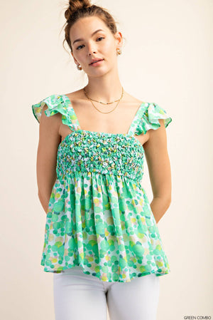 Kori On the Dot Ruffled Popcorn Detail Tank - Green