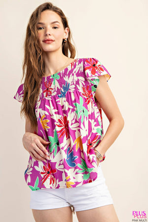 Kori Take Me to the Islands Smocked Ruffle Sleeve Top