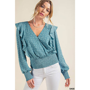 Kori Vanessa Burnout Jacquard Smocked Top - Sage