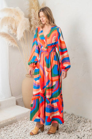 Oddi That Mod Girl Multi Color Geo Print Front Wrap Maxi Dress