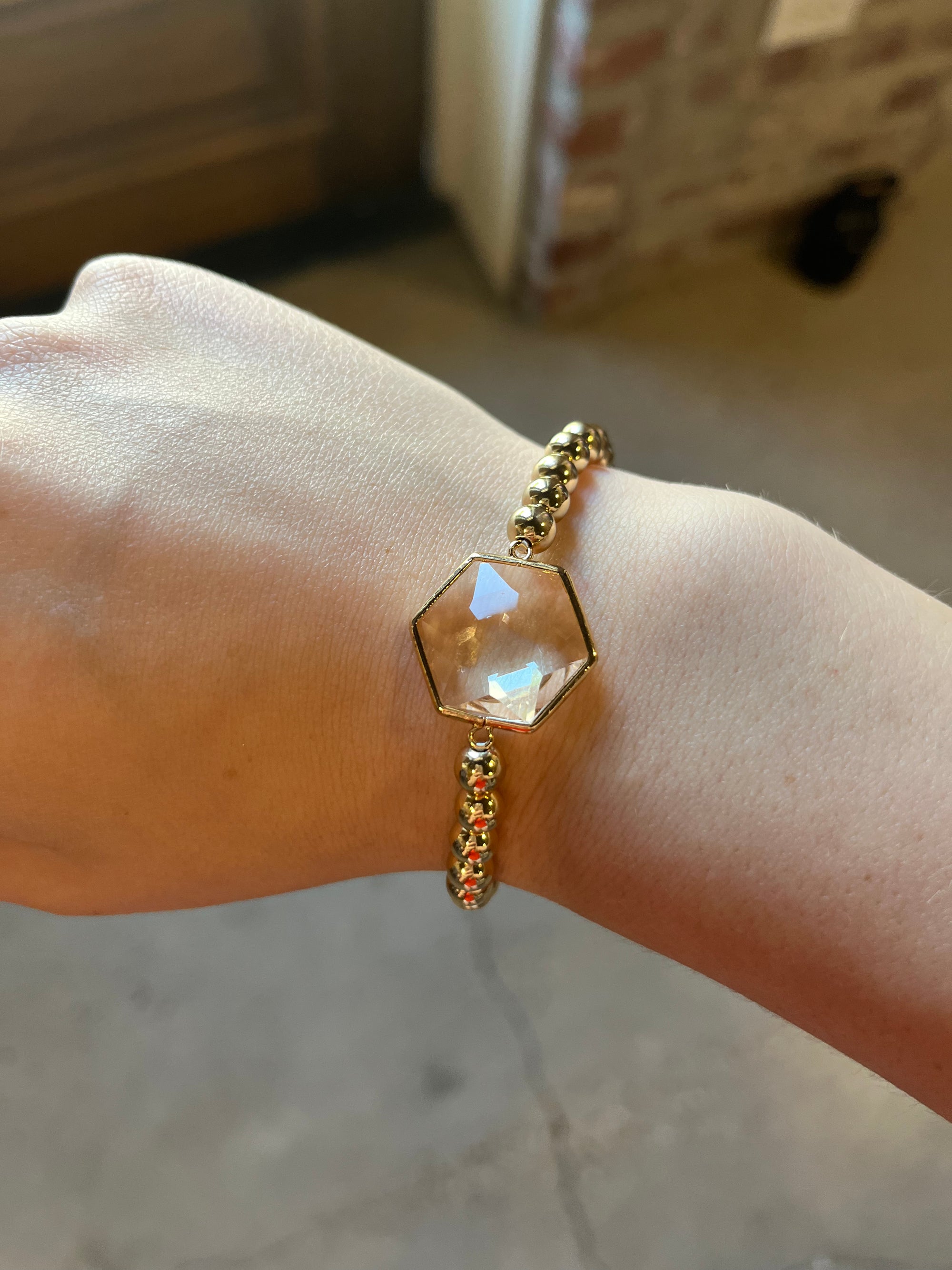 Hexagon Crystal & Gold Bead Stretch Bracelet